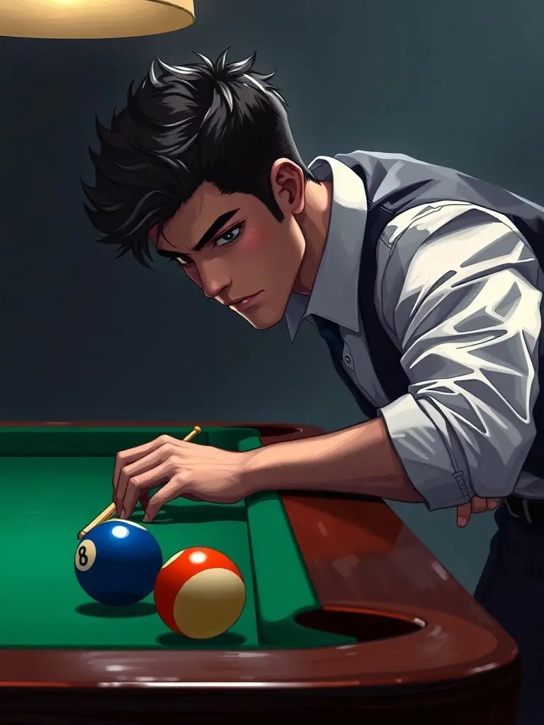 A player carefully planning their next move at a billiards table, showcasing the strategic thinking involved in the game.