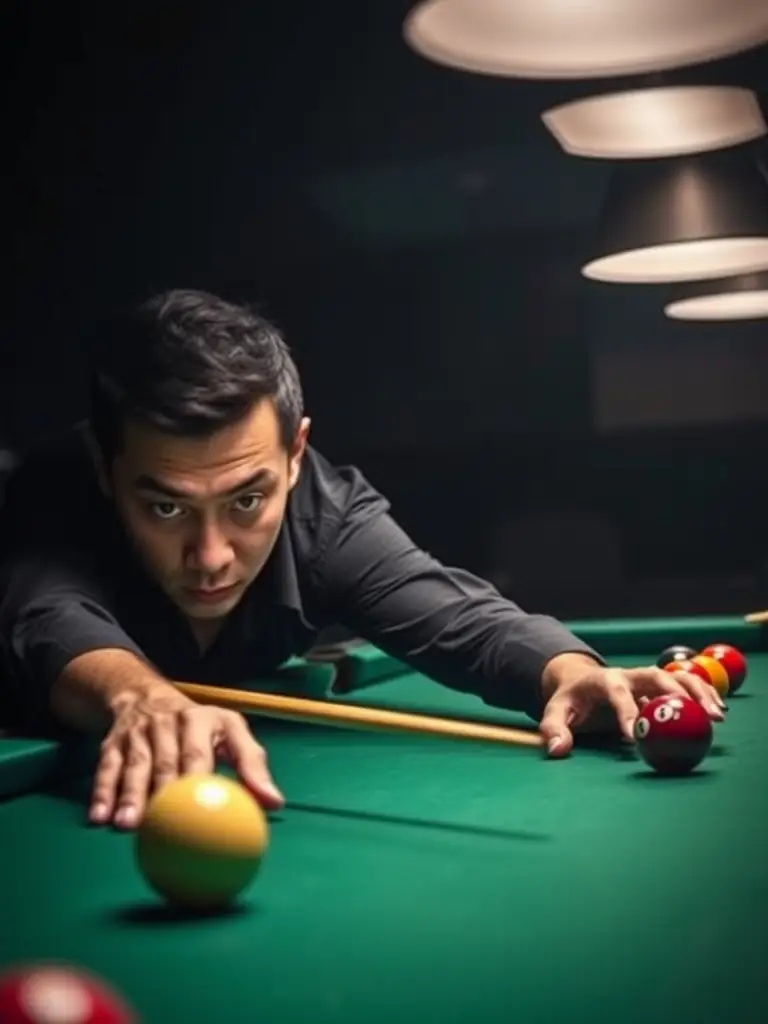 A billiards player executing a precise shot during a competition, showcasing the application of skills in a competitive setting.