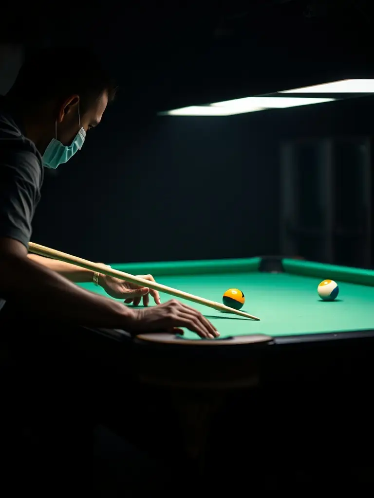 A focused billiards player practicing their stance and grip under the guidance of a coach, highlighting personalized training.