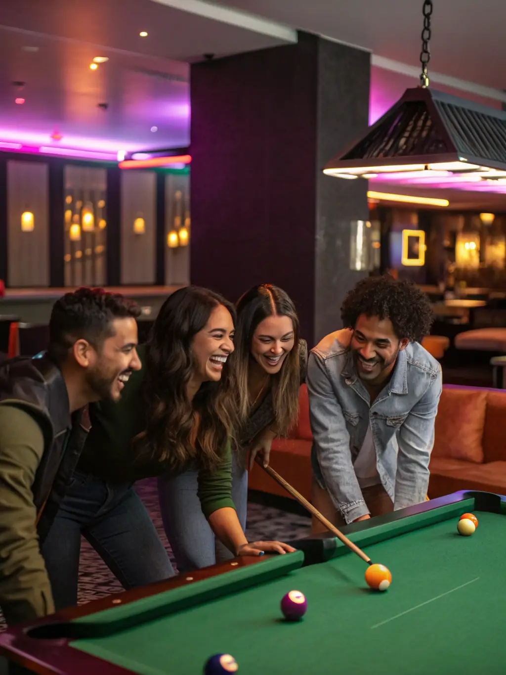 A vibrant scene of members socializing and enjoying recreational billiards games at UNION BILLARD CLUB ROCHEFORT, emphasizing the club's social atmosphere.