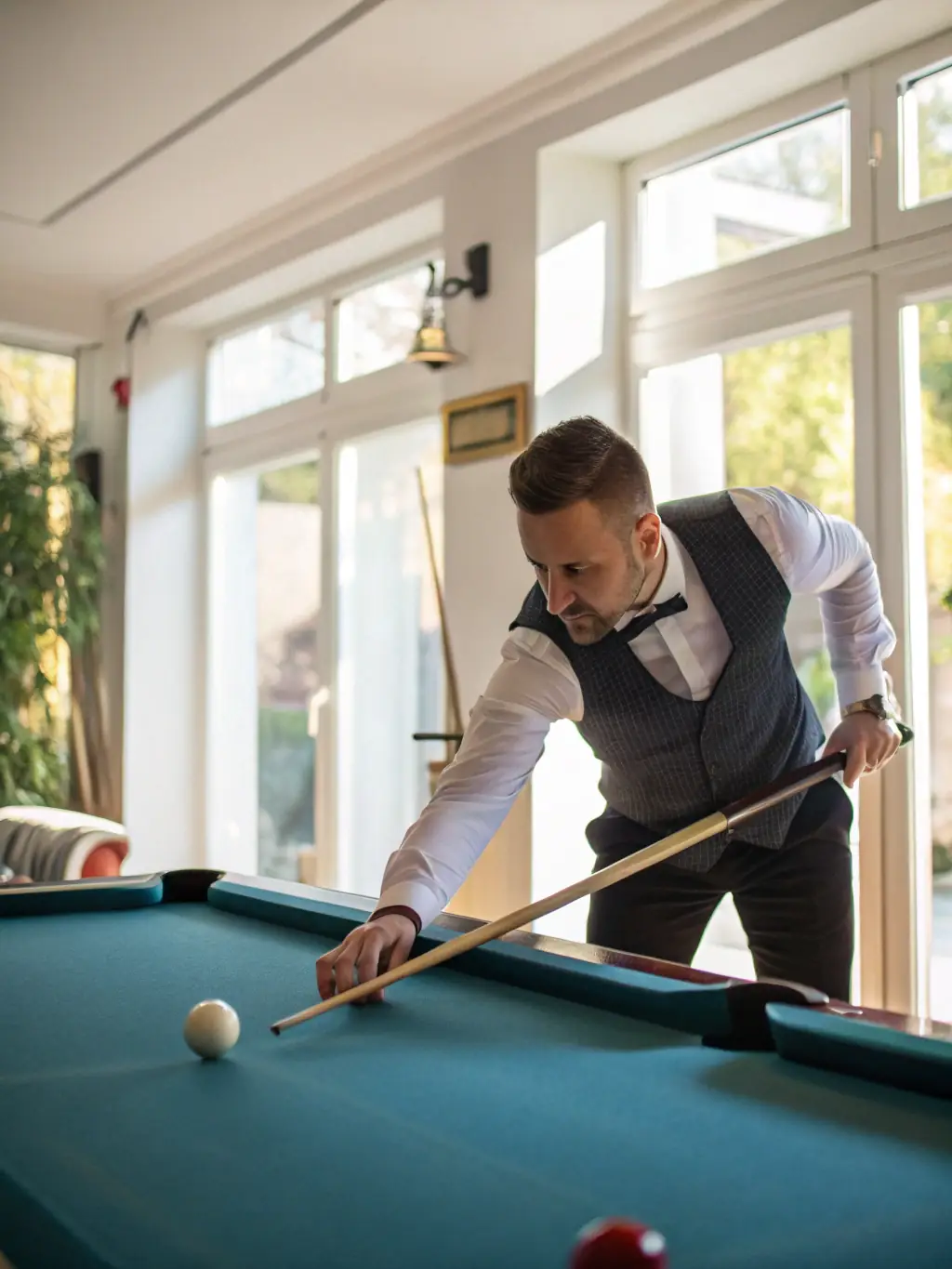 A focused shot of a billiards player lining up their cue stick to strike the cue ball, with other players watching attentively in the background at UNION BILLARD CLUB ROCHEFORT.